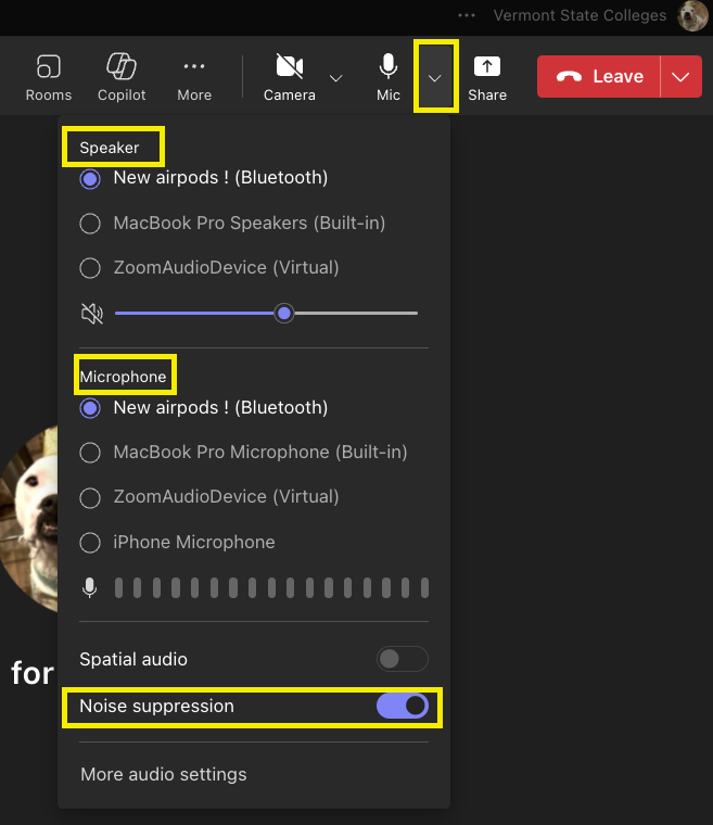 Screenshot of audio settings within a teams call as outlined in the paragraph above. Anyone can choose to use headphones if capable, or computer speakers and microphone within a Teams call. 